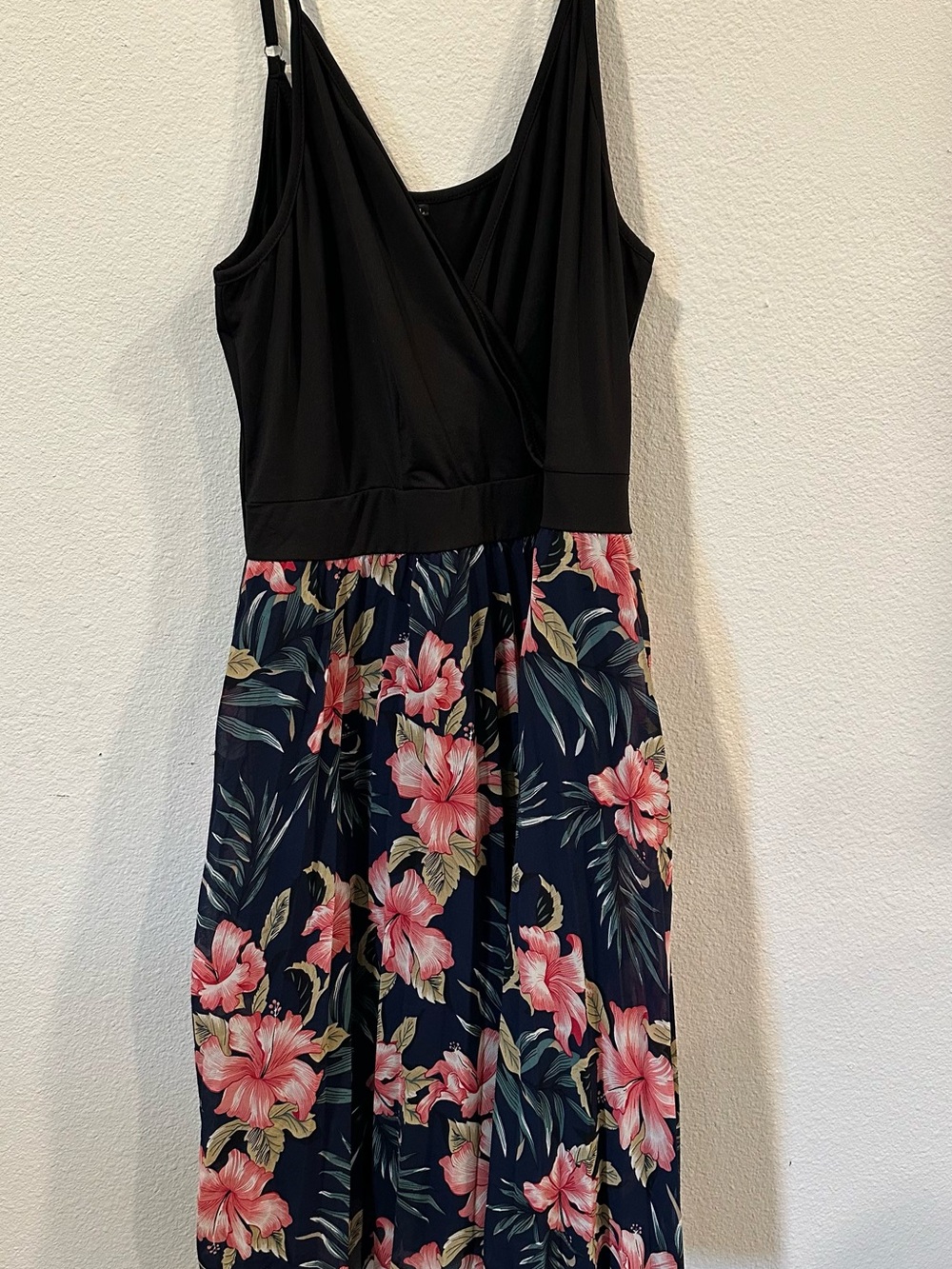 Black Floral V-Neck Maxi Dress with Pink Hibiscus Print